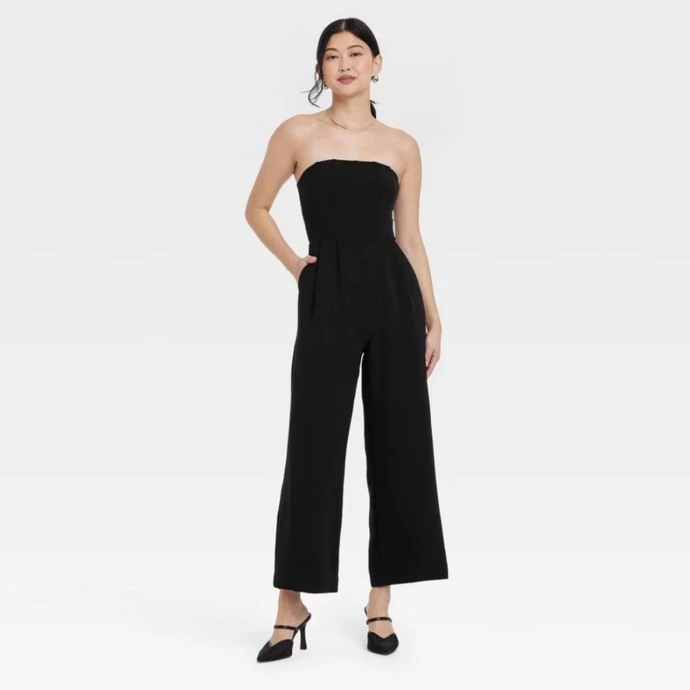 A New Day Jumpsuit Women Small Black NEW Strapless Wide‎ Leg Smocked Back Pocket